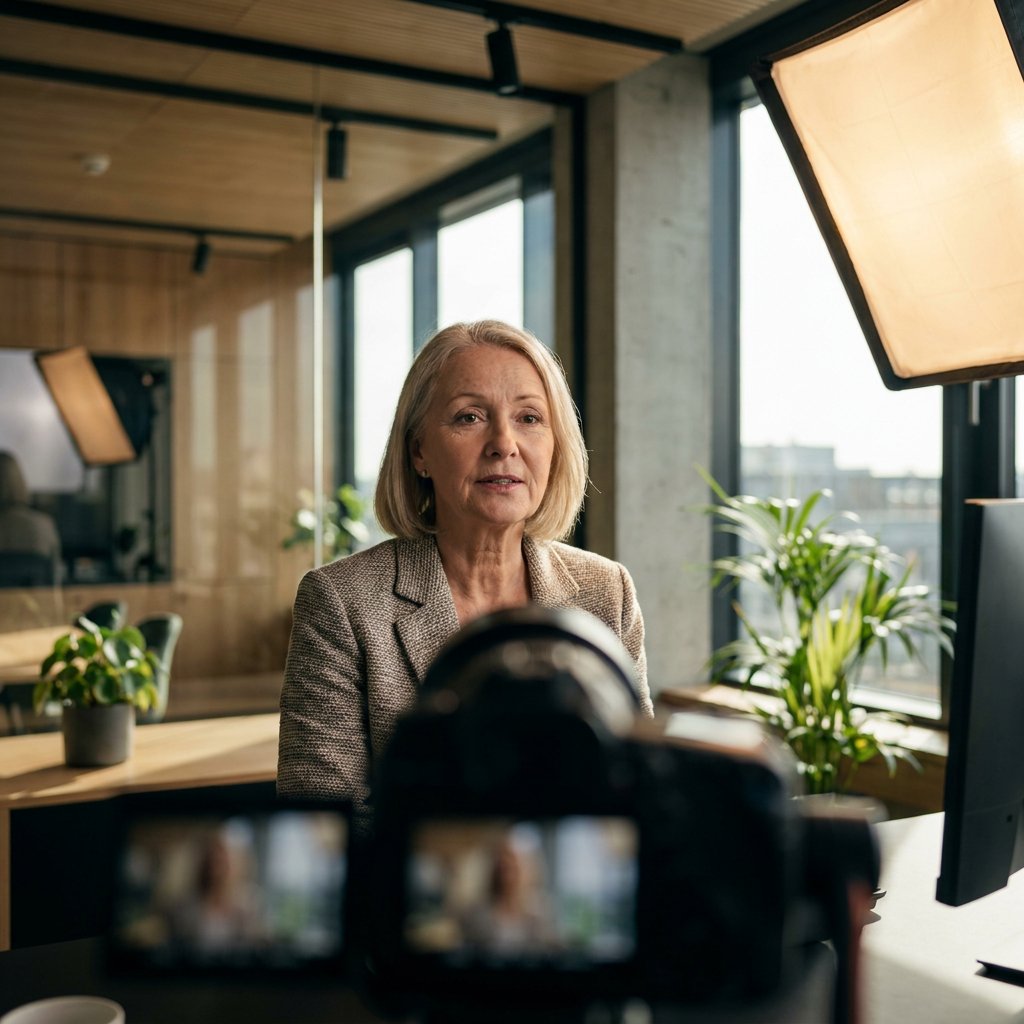 Senior vrouwelijke expert zit voor camera in kantoorstudio, softbox en keylight aan, regisseur en cameracrew in schaduw, schermen met B-roll op achtergrond.