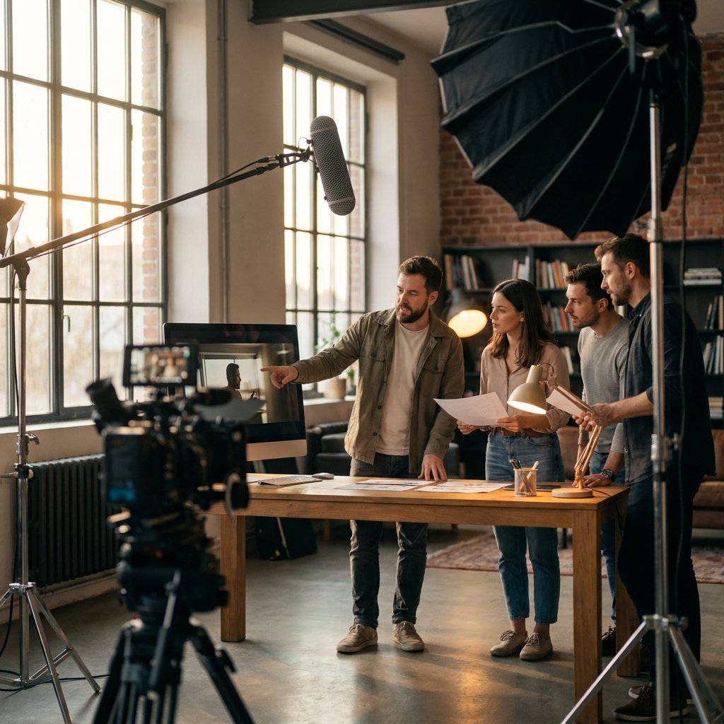 Filmcrew en marketeers in een modern studio-kantoor. Regisseur wijst naar monitor met scènes; storyboards op tafel; cinema camera en lampen in warm avondlicht.