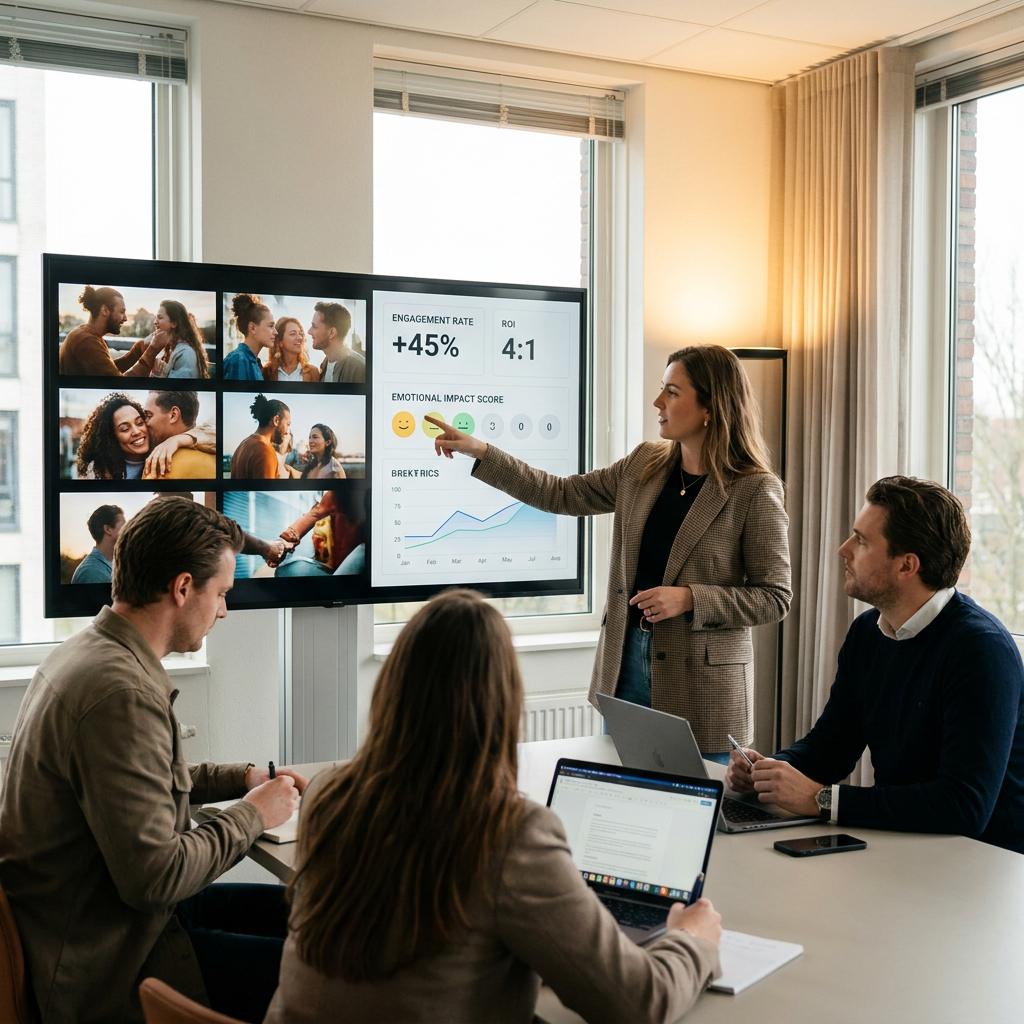 Marketingteam bekijkt op een groot scherm een premium videocampagne met merkbeelden en prestatiedata in een modern Nederlands kantoor.