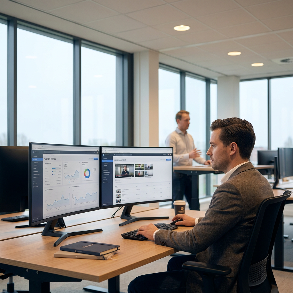 Marketing professional reviews video ad placements and safety metrics on dual screens in a sleek Dutch office, with focused daylight and a premium feel.