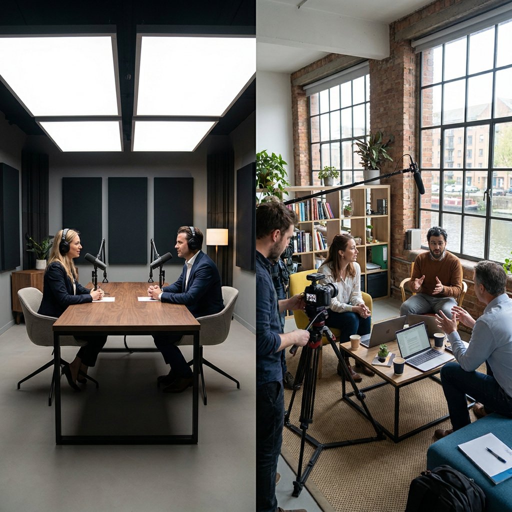 Split editorial scene with a sleek podcast studio on one side and a stylish office location shoot on the other, showing two recording setups.