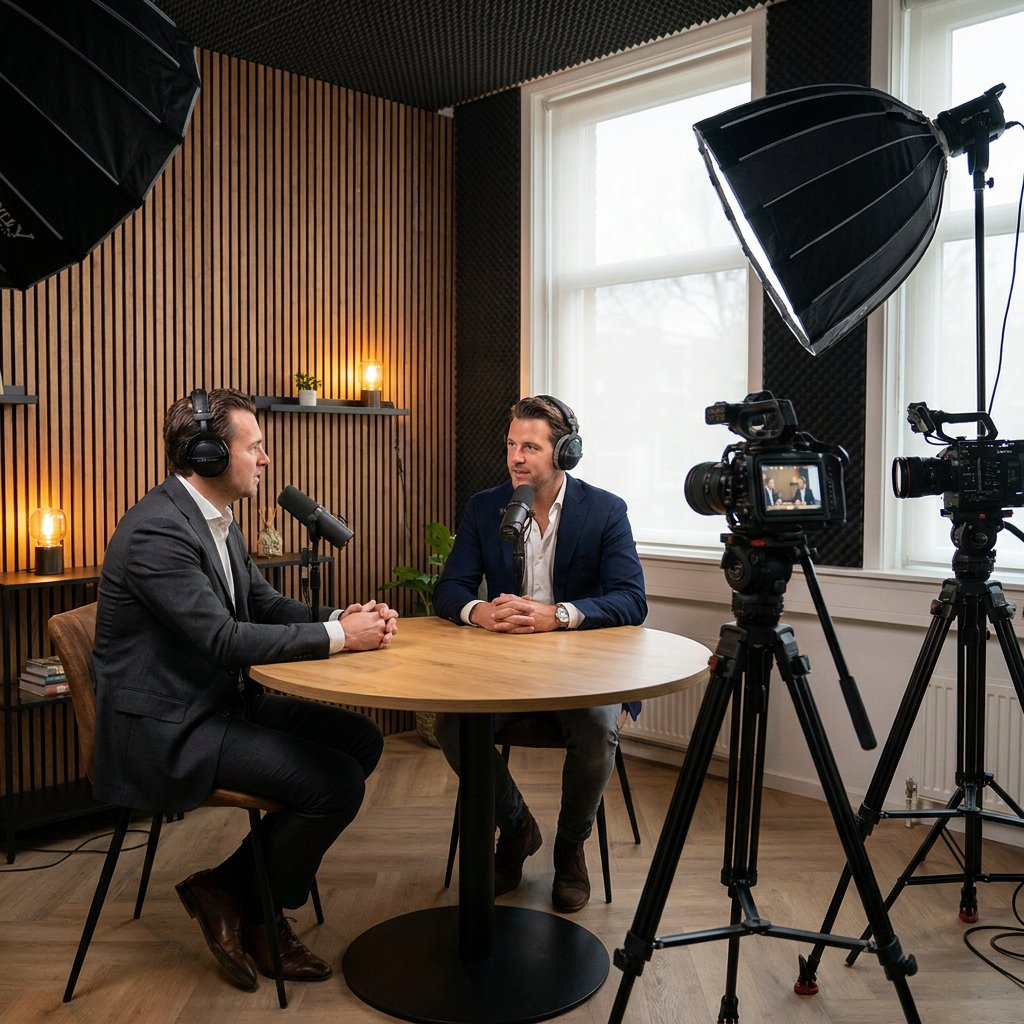 Podcasthost en gast zitten in een stijlvolle studio met camera’s, microfoons en zacht licht, in een professioneel gesprek voor thought leadership.