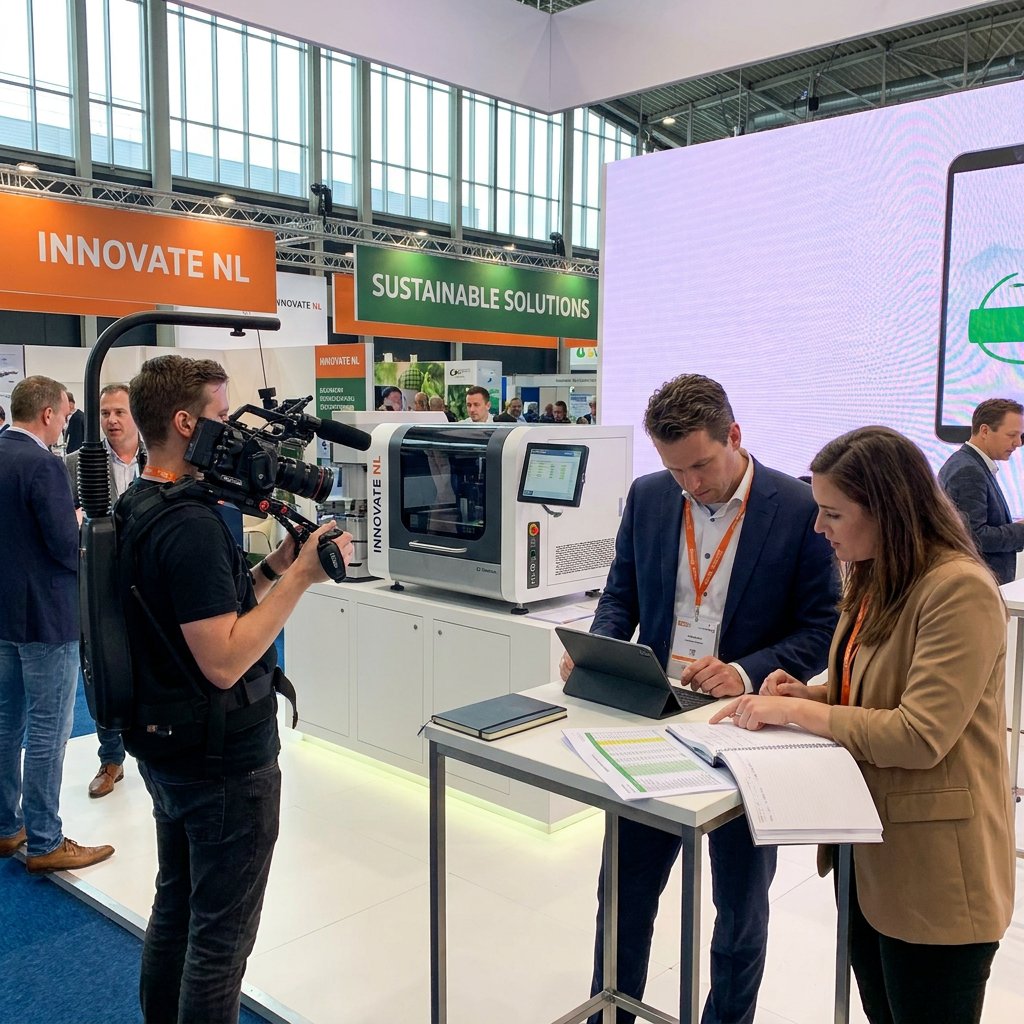 Videograaf filmt een moderne beursstand in Nederland terwijl marketeers over planning en budget praten, in helder beurslicht met professionele sfeer.