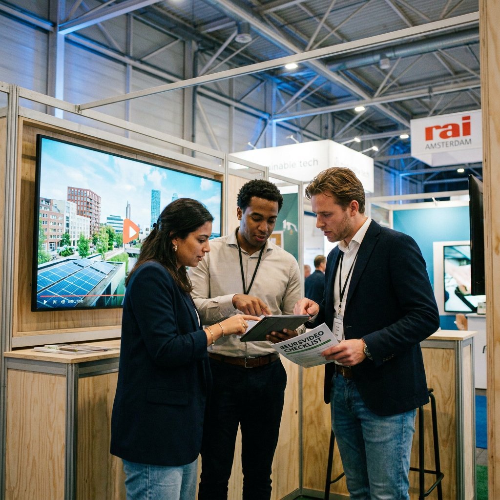 Marketingteam bekijkt een beursvideo checklist op tablet bij moderne beursstand, met groot scherm, zachte halverlichting en drukke bezoekers op de achtergrond.