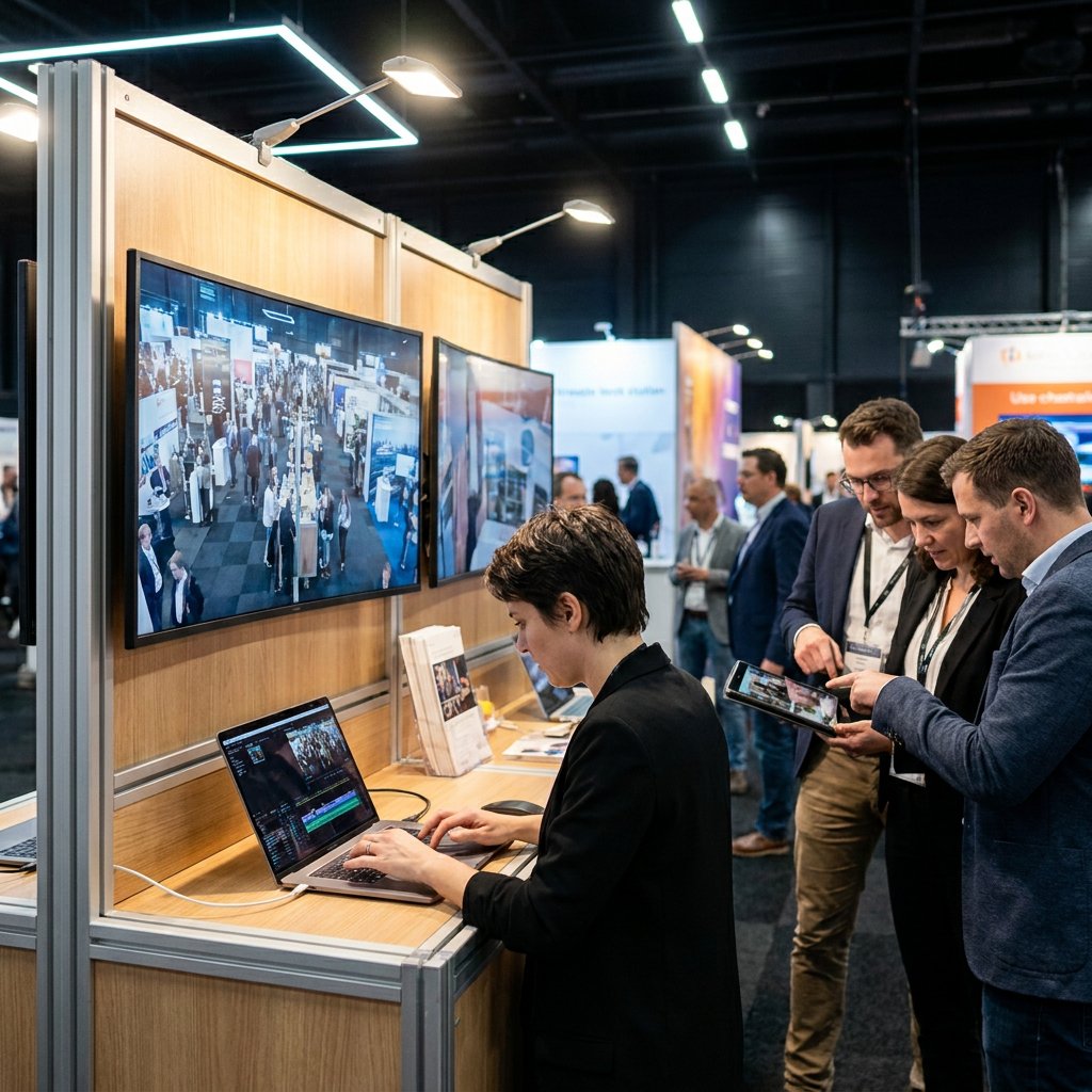 Videoteam monteert beursbeelden op een laptop naast een moderne stand, terwijl collega’s overleggen in helder beurslicht met professionele sfeer.