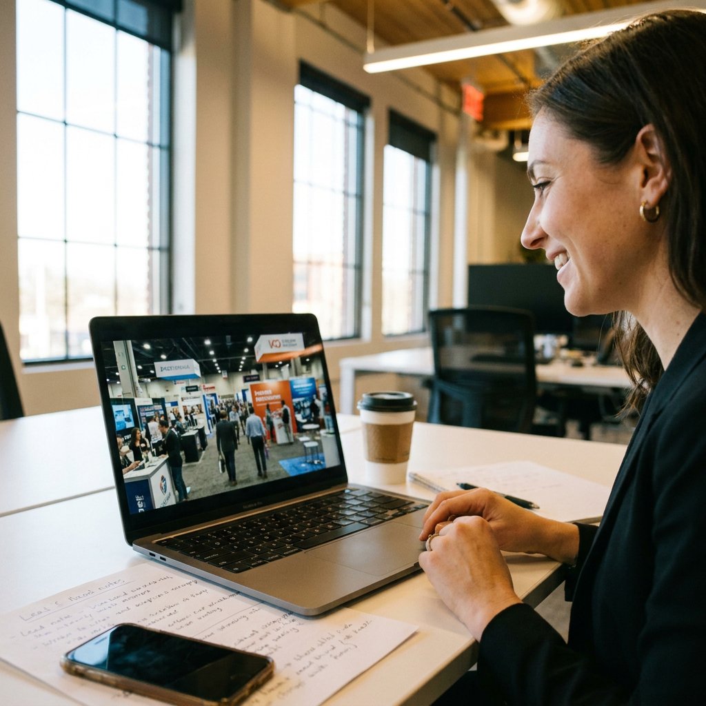 Marketingmanager bekijkt op laptop een beursvideo en volgt warme leads op aan een modern bureau, met notities, smartphone en zacht daglicht.