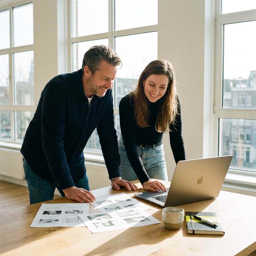 Marketingmanager bespreekt portfolio en videostrategie met een productiepartner aan een moderne vergadertafel in een licht kantoor.