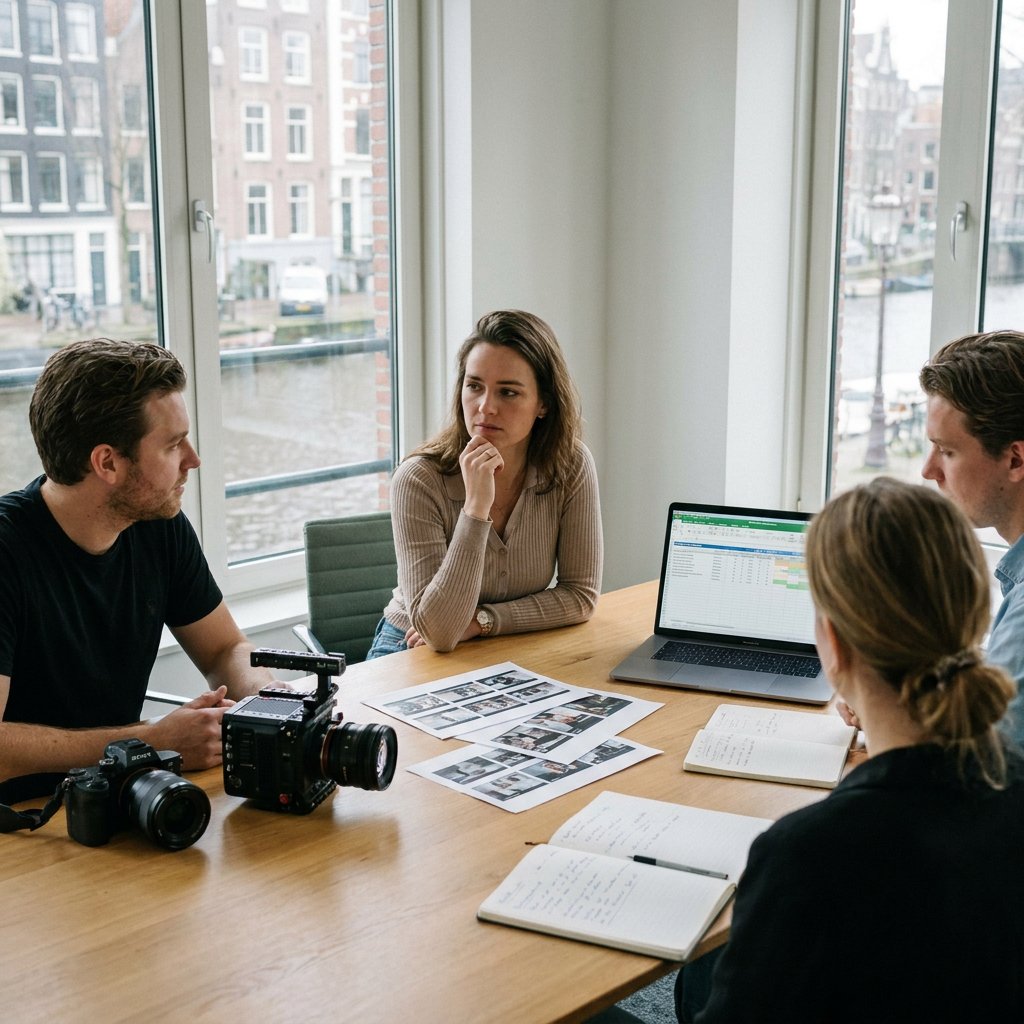 Marketingmanager vergelijkt een freelance videomaker met een productieteam tijdens een overleg in een moderne Nederlandse vergaderruimte.