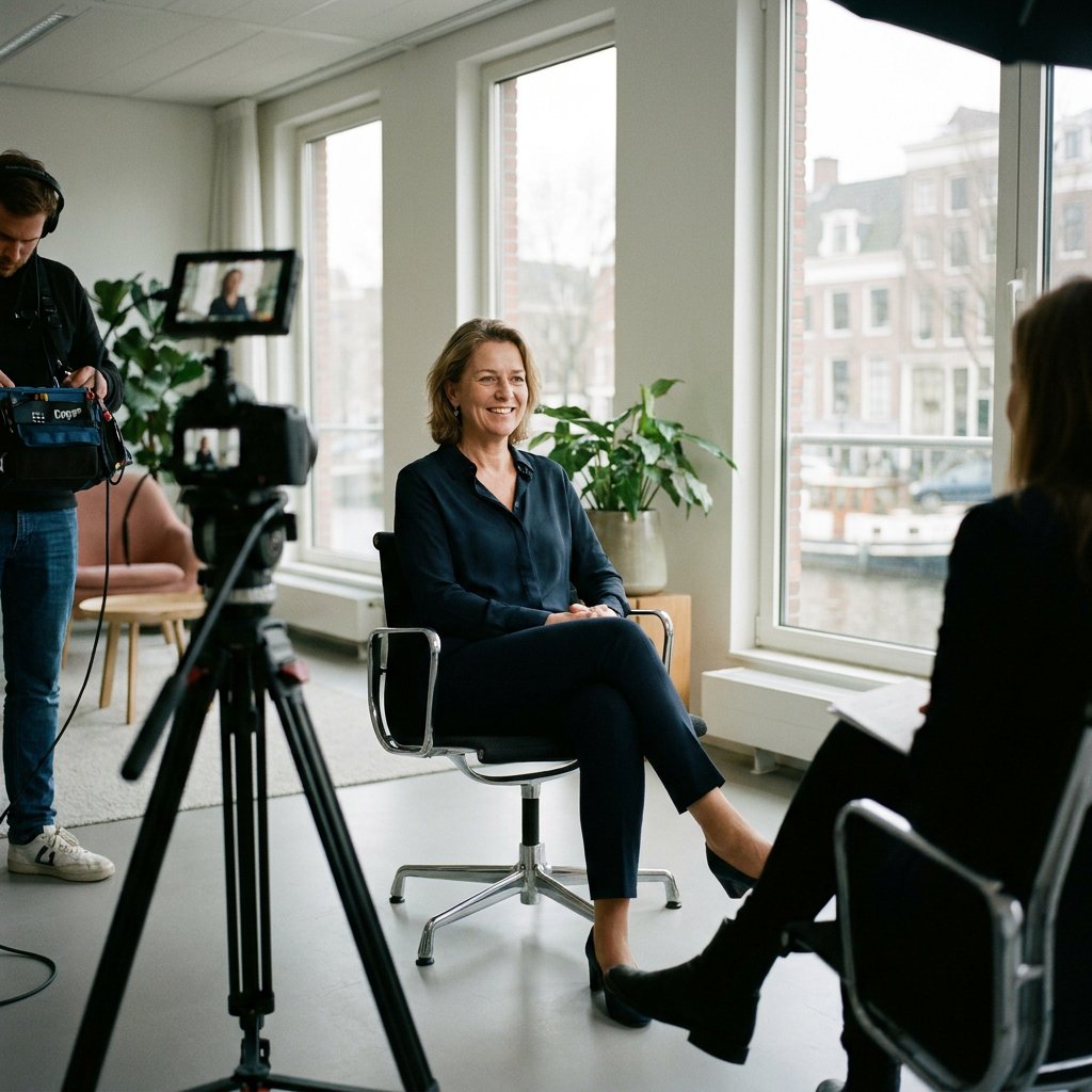 CEO zit ontspannen in een moderne kantoorstudio tijdens een video-interview, met interviewer buiten beeld, zachte daglichtinval en filmische setting.