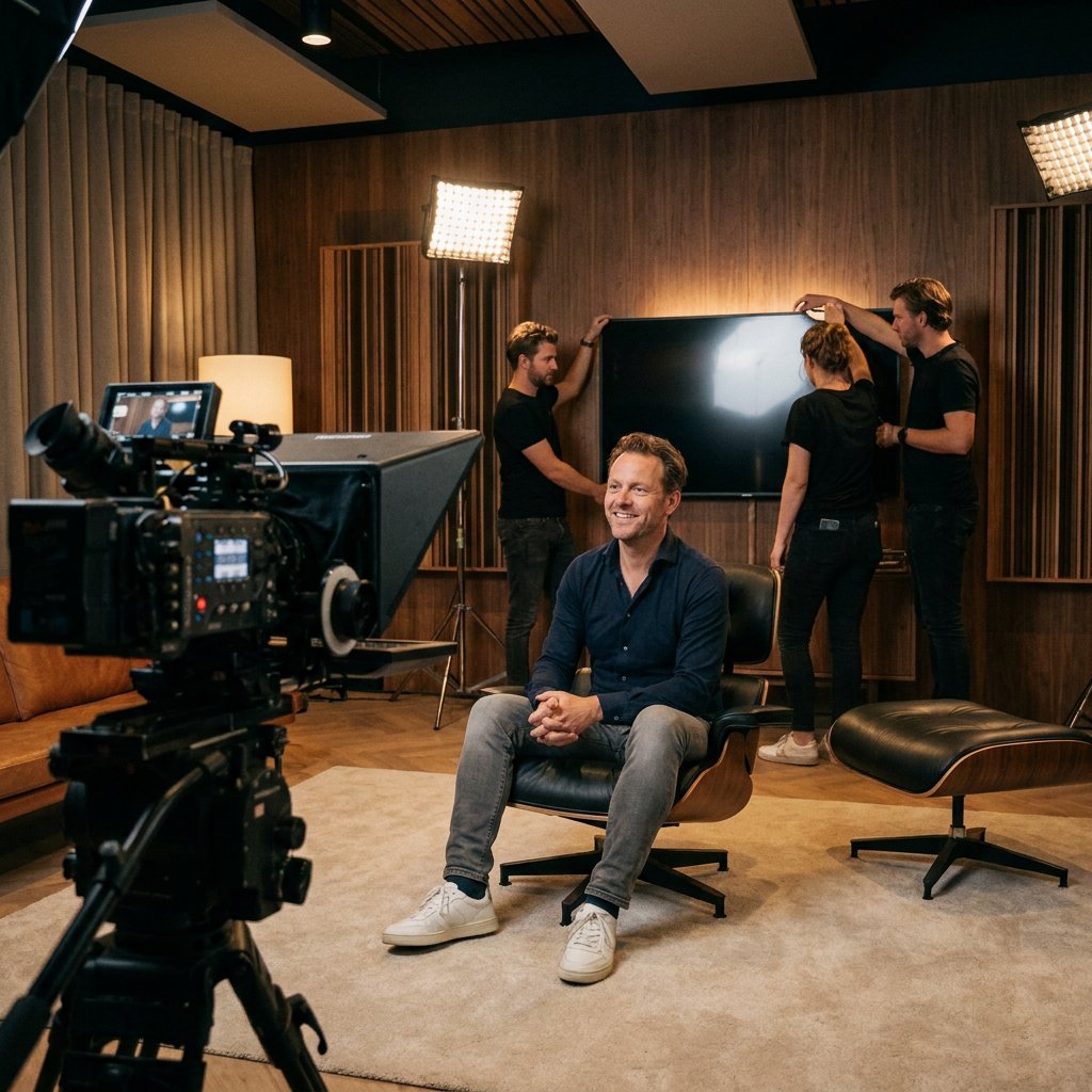 Presentator kijkt natuurlijk in de lens tijdens een interviewopname, met teleprompter voor de camera en zachte studiobelichting in een moderne setting.