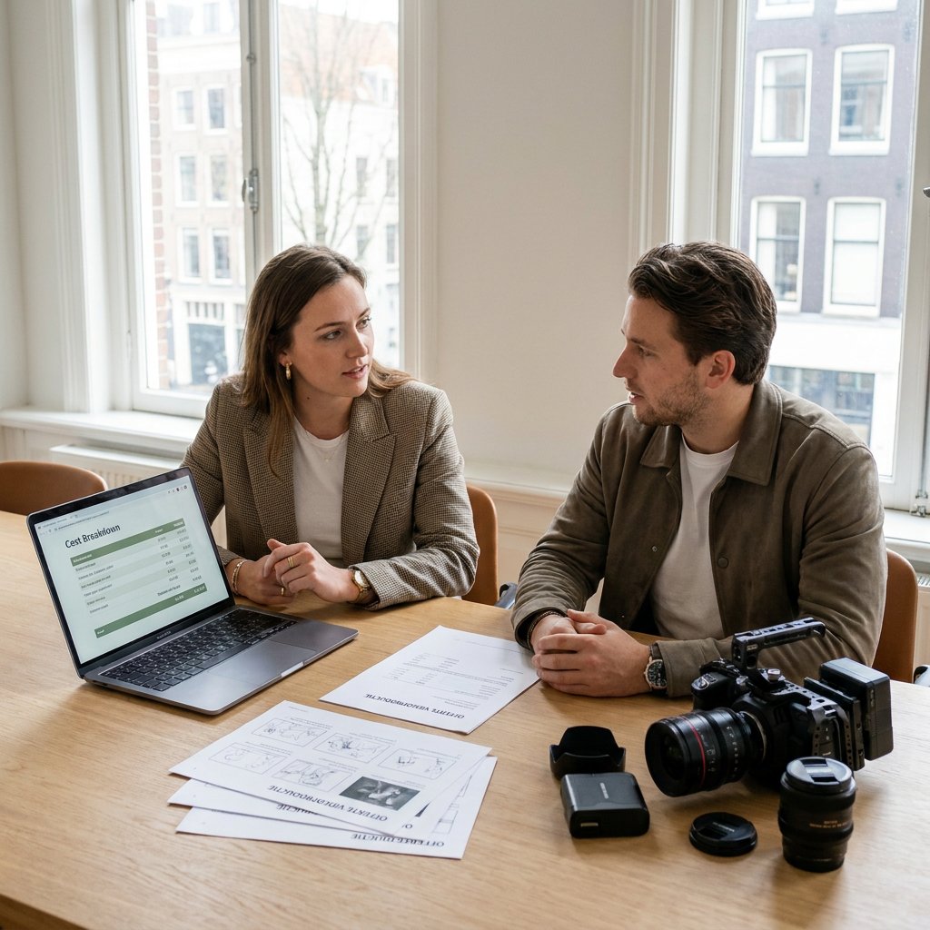 Marketingmanager en videoproducer bespreken offertes en budget aan een vergadertafel, met camera gear, laptop en daglicht in modern kantoor.