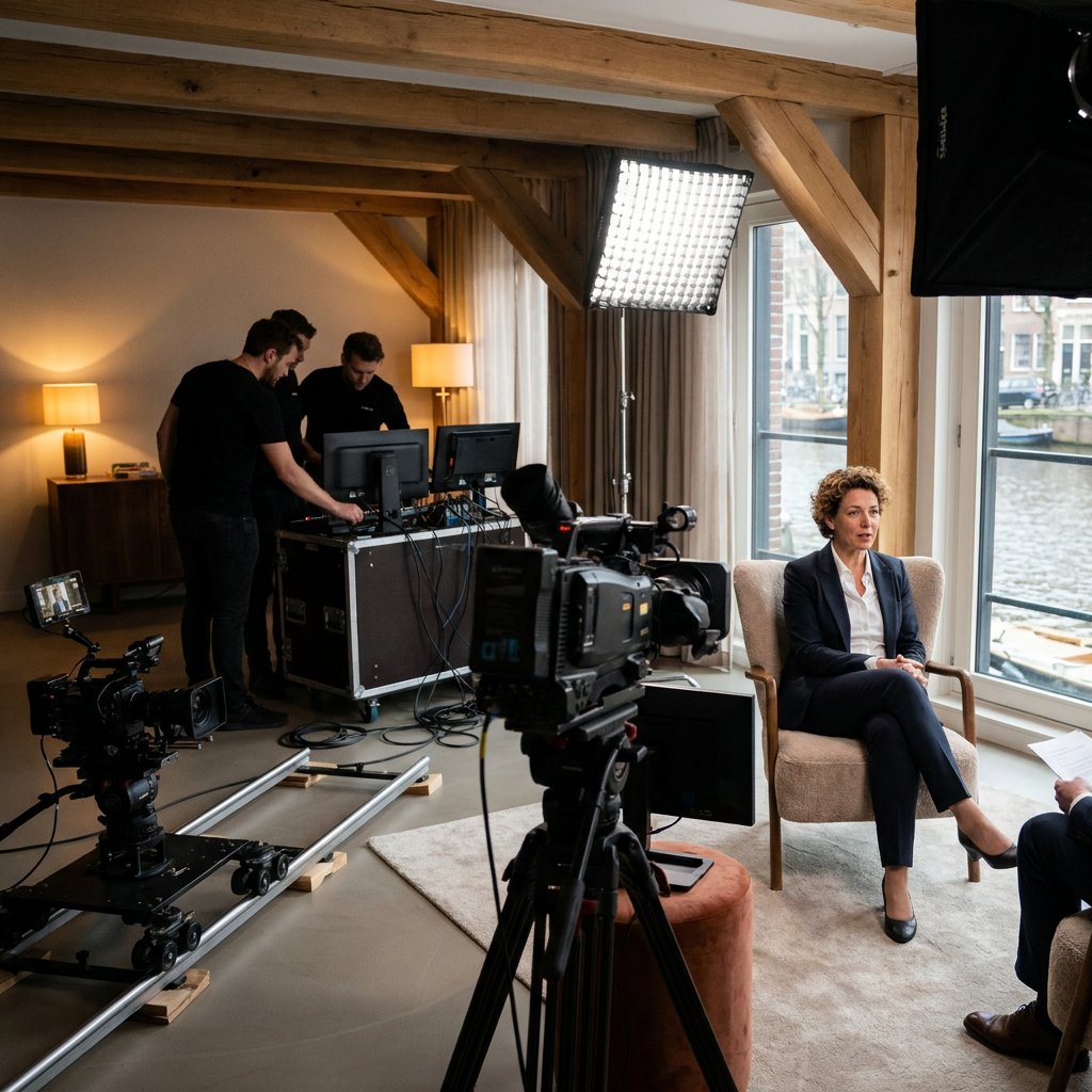 Interview subject seated in a modern studio with one camera in front and a second camera angled from the side, lit by soft professional lights.