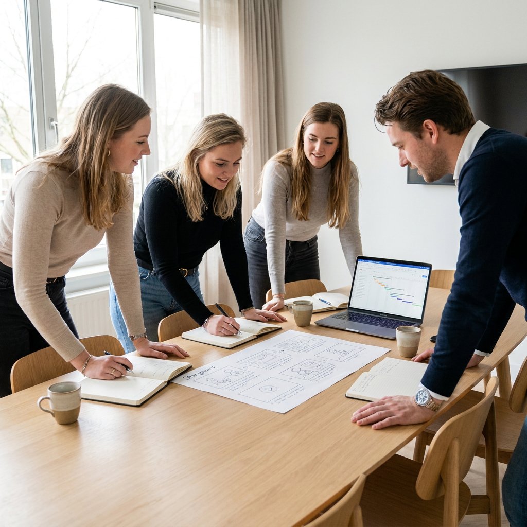 Marketingteam bespreekt een videobriefing aan tafel met laptop, notities en storyboard in een moderne Nederlandse vergaderruimte.