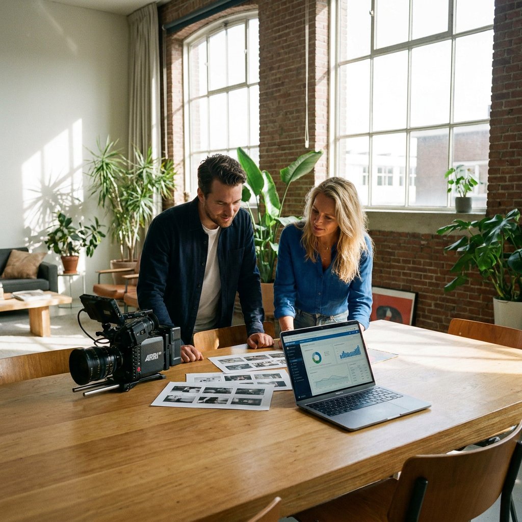 Marketingprofessional en videoproducer overleggen in een moderne studio met camera, storyboard en analytics op laptop, helder daglicht en premium sfeer.