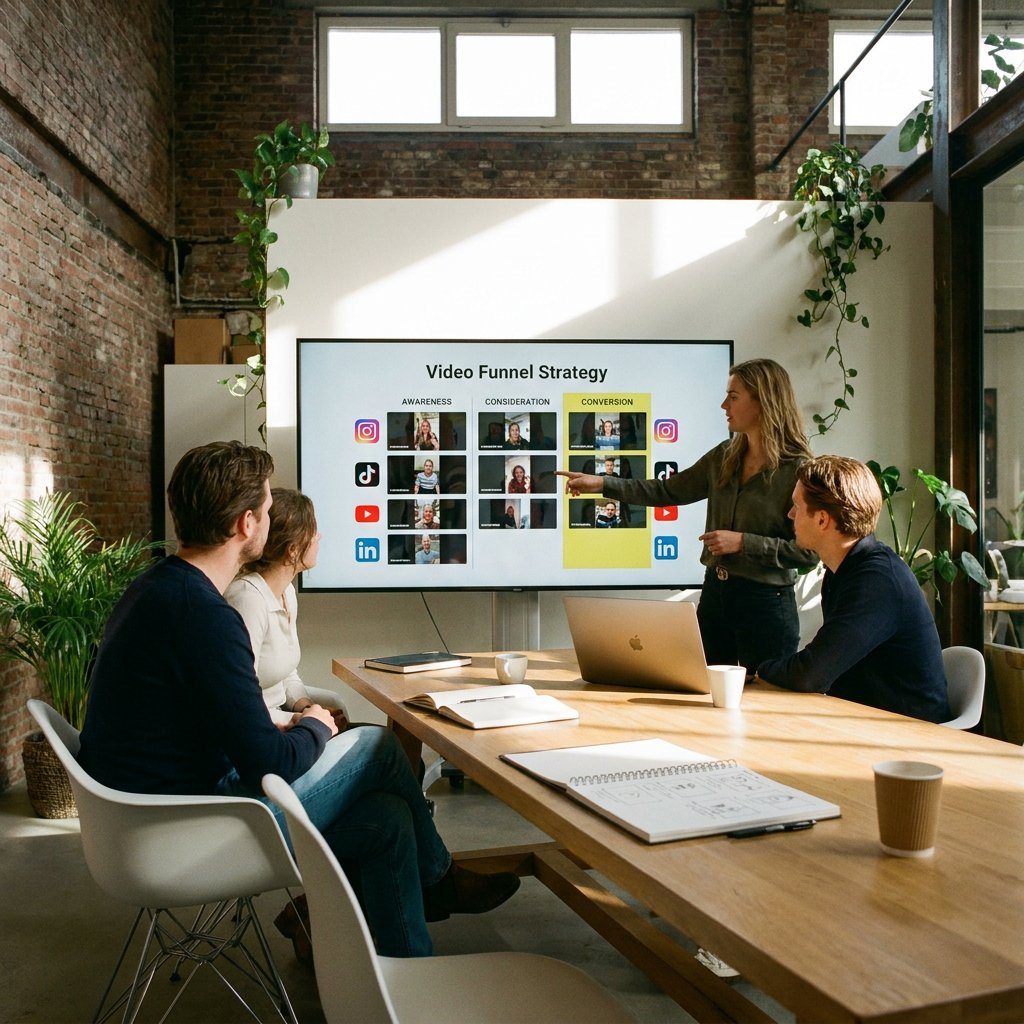 Marketingteam bekijkt videoformaten en funnelstappen op een groot scherm in een moderne studio met laptops, storyboard en zachte daglichtsfeer.