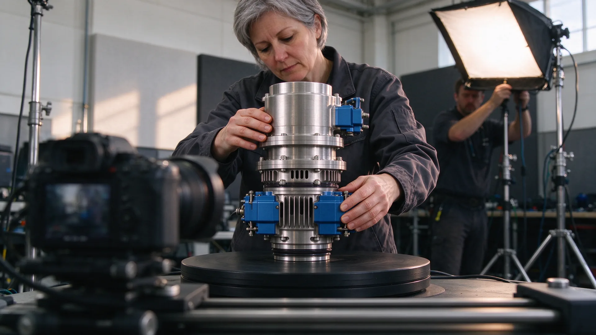 Ingenieur draait een stalen machineonderdeel op een draaitafel voor een camera op een slider in de studio