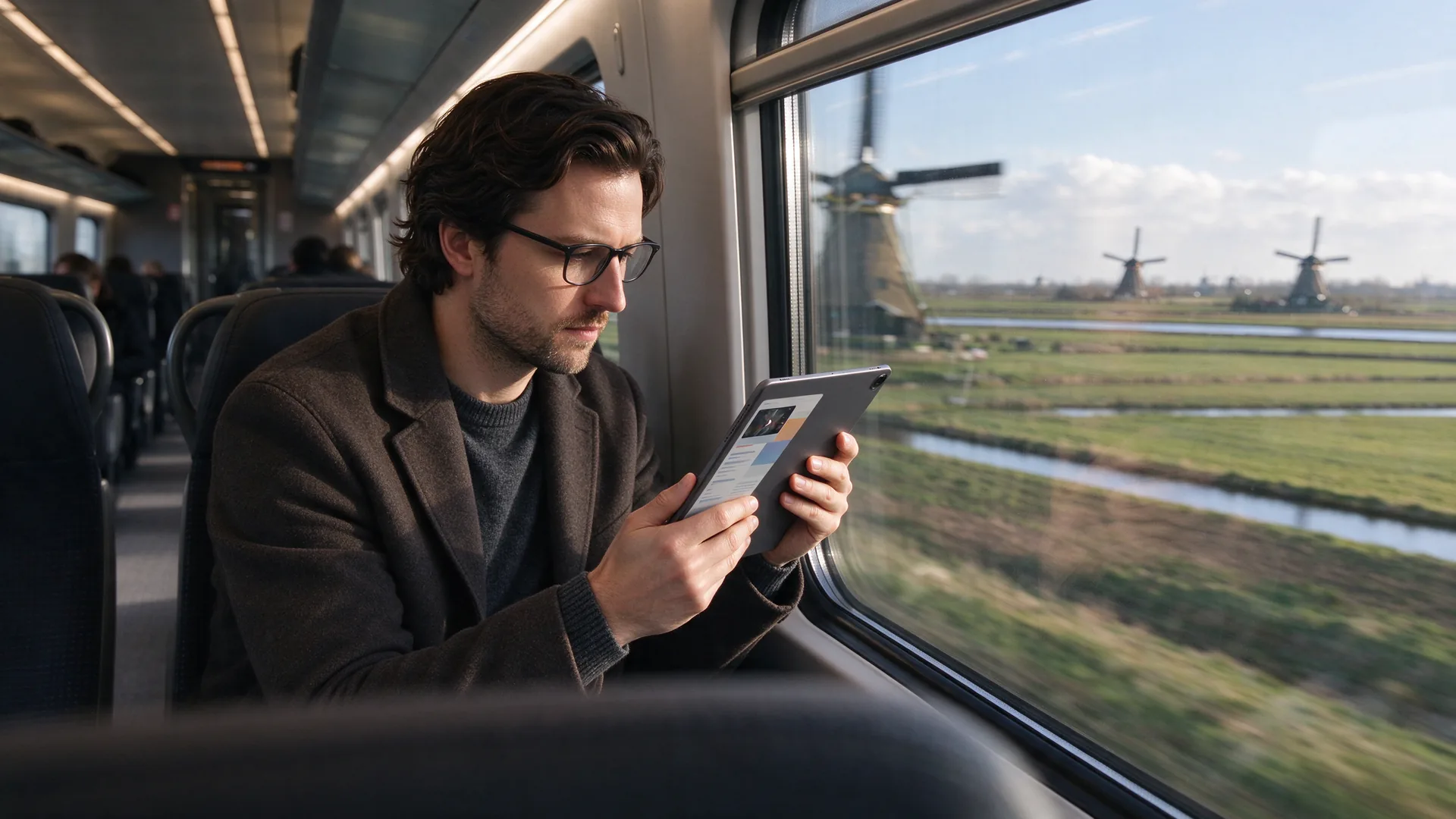 Treinreiziger met bril leest op een tablet bij het raam terwijl het polderlandschap voorbij schiet
