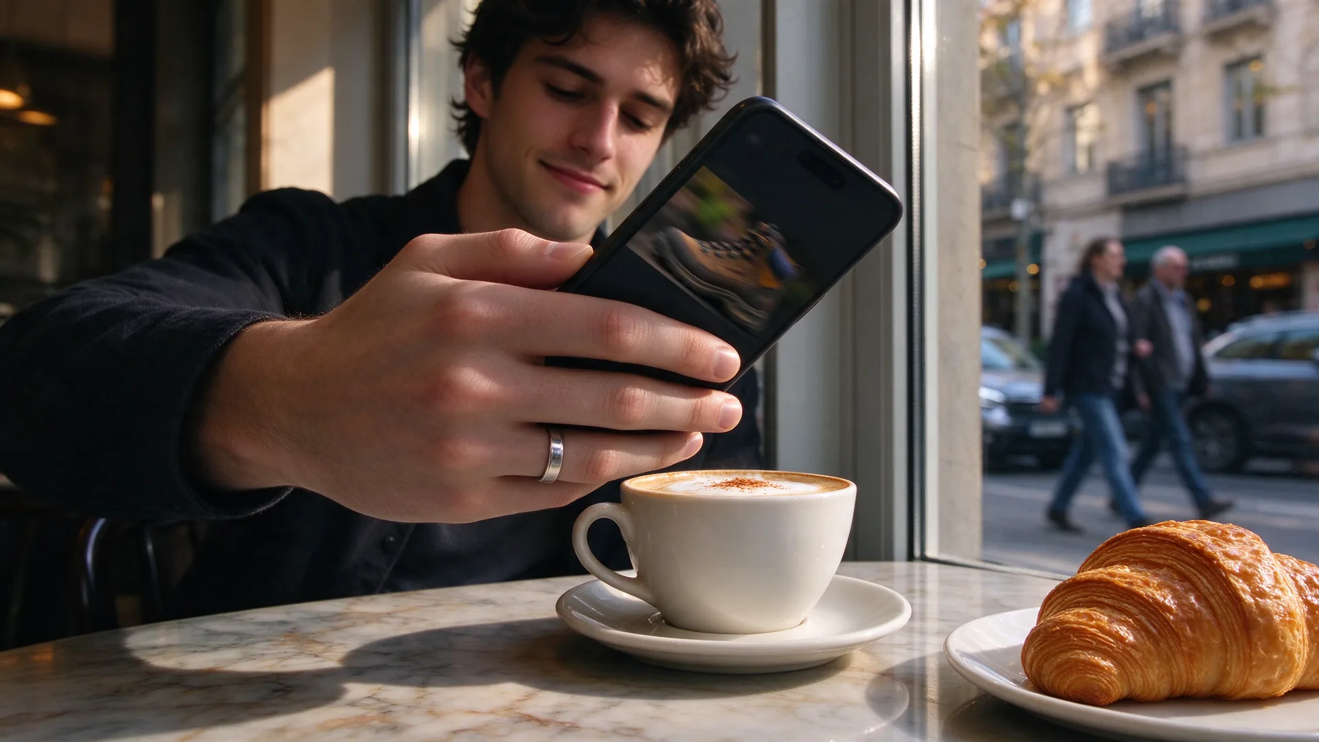 Handen met een telefoon boven een cappuccino aan een cafétafel bij het raam in de ochtendzon
