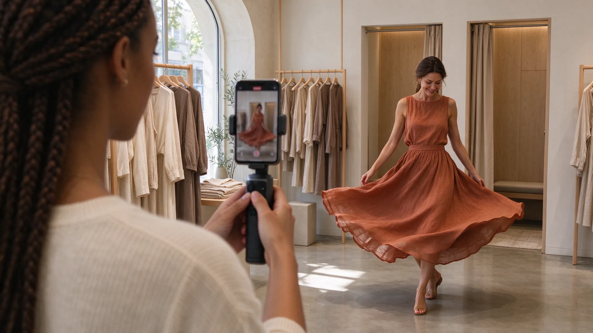 Contentmaker met verticale gimbal filmt een model in een terracotta jurk in een lichte modeboetiek