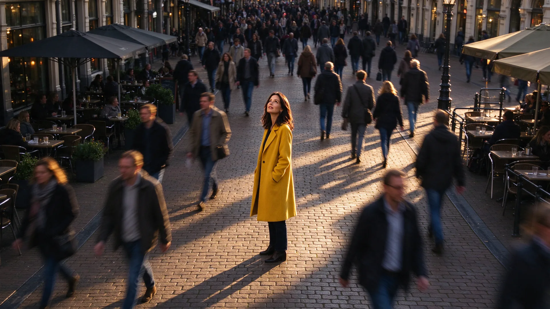 Vrouw in mosterdgele jas staat stil en scherp tussen voorbijlopende mensen op een druk stadsplein
