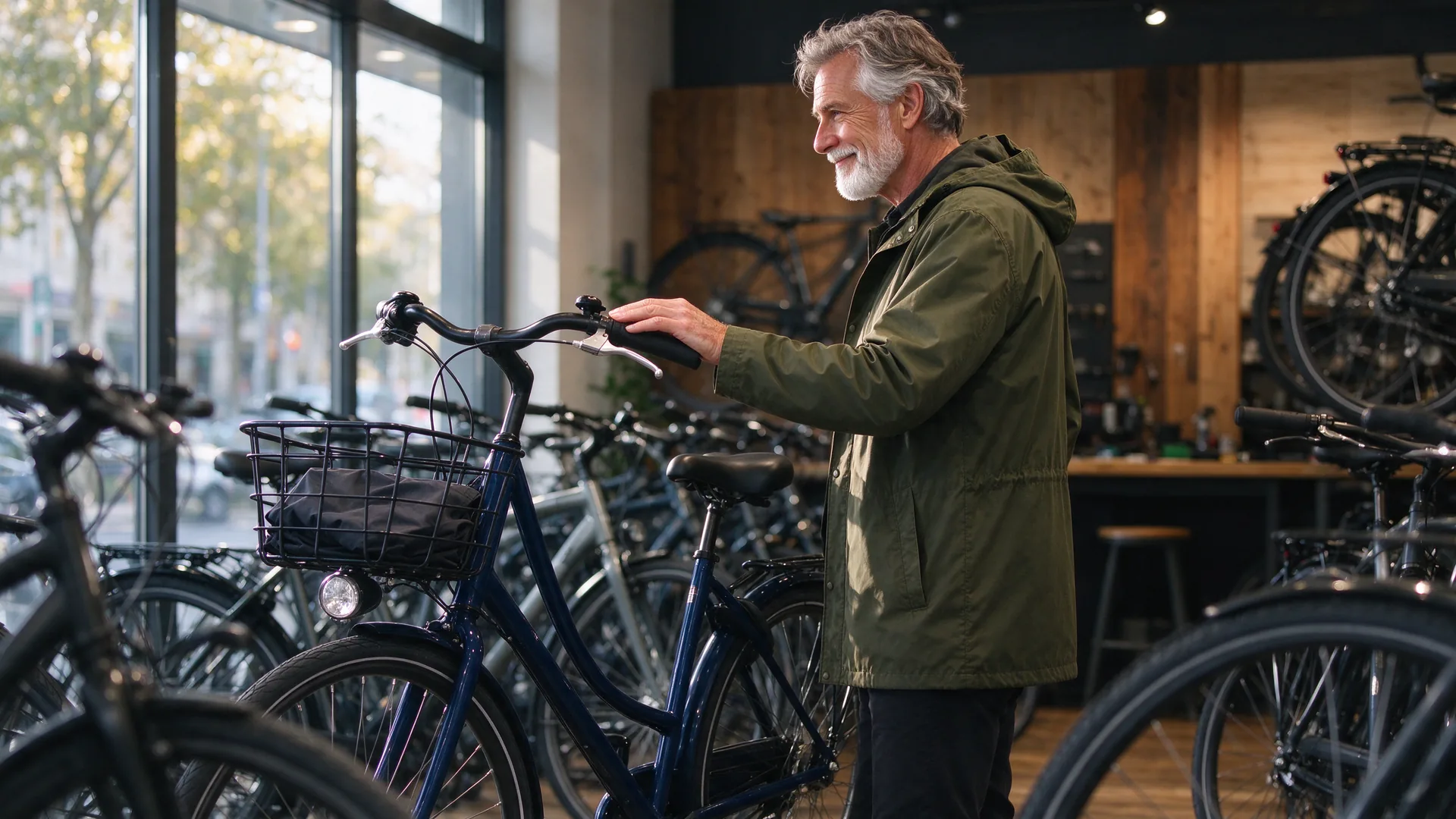 Man met witte baard bekijkt opnieuw een donkerblauwe stadsfiets in een lichte fietsenwinkel