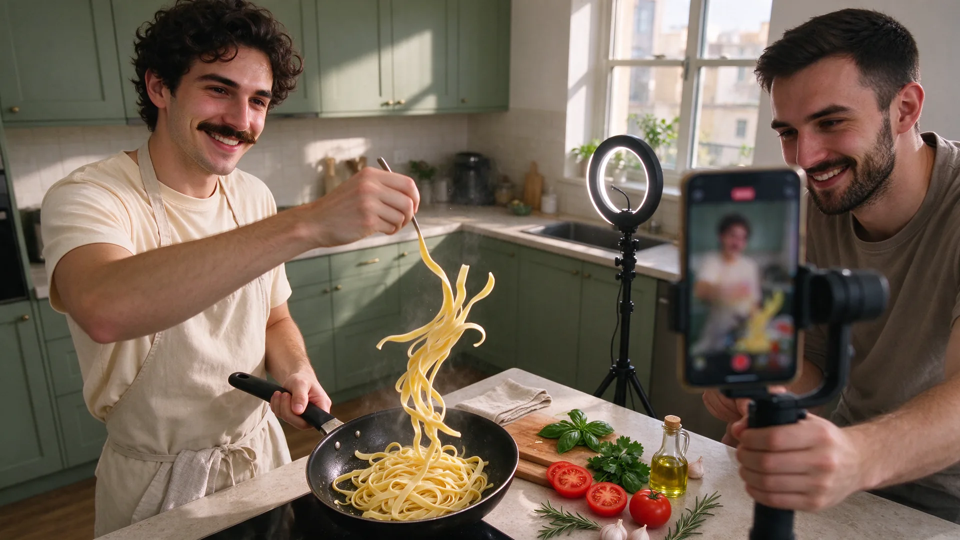 Jonge man bakt pasta in een zonnige keuken terwijl een vriend hem verticaal filmt met een telefoon