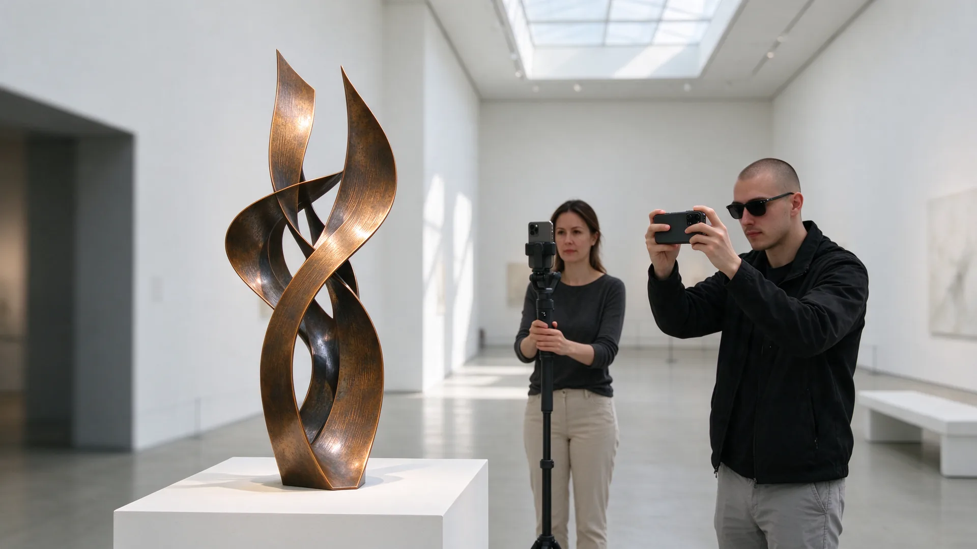 Twee makers filmen een bronzen beeld in een museumzaal, de een met een staande en de ander met een liggende telefoon