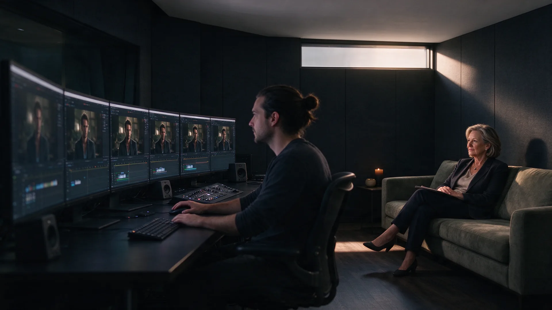 Editor werkt aan een rij monitoren terwijl een producent op de bank meekijkt in een ruime montagestudio