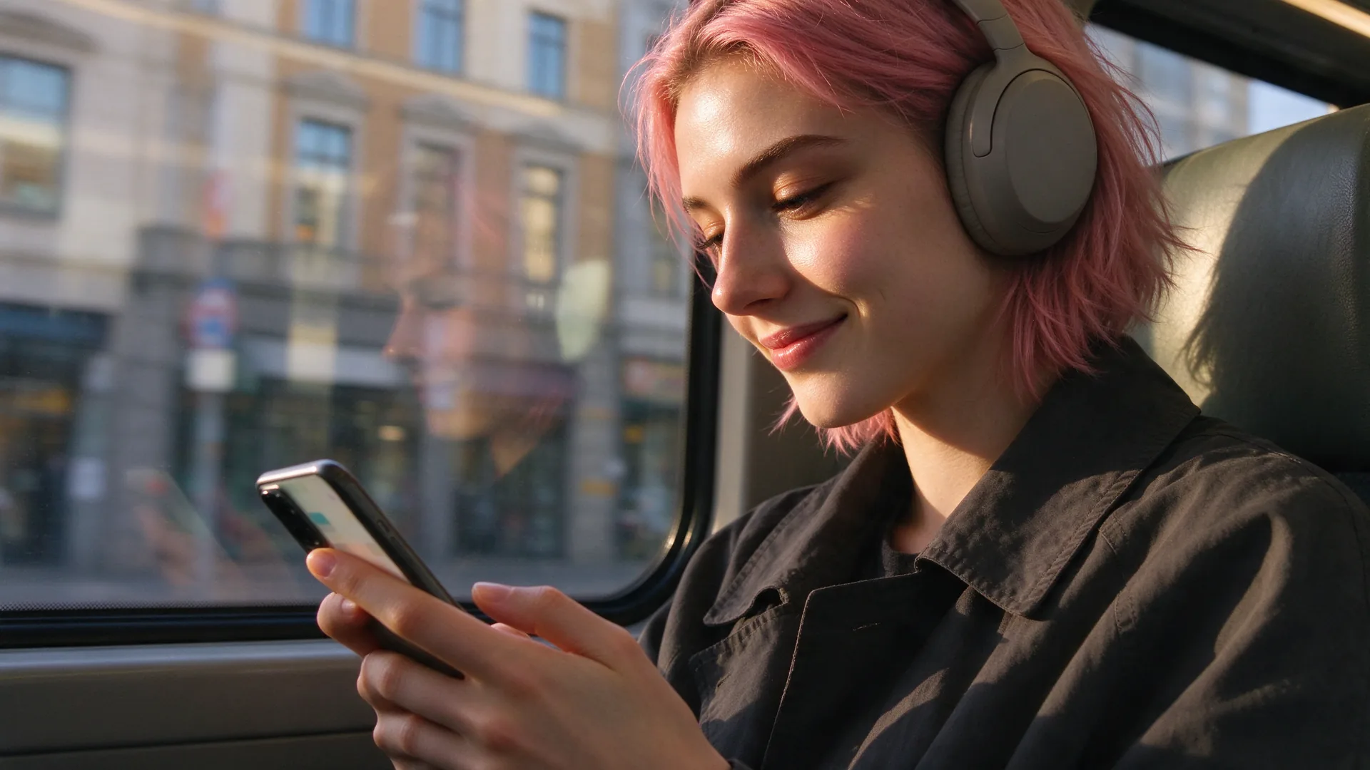 Jonge vrouw met roze haar kijkt in de bus bij het raam glimlachend naar een filmpje op haar telefoon