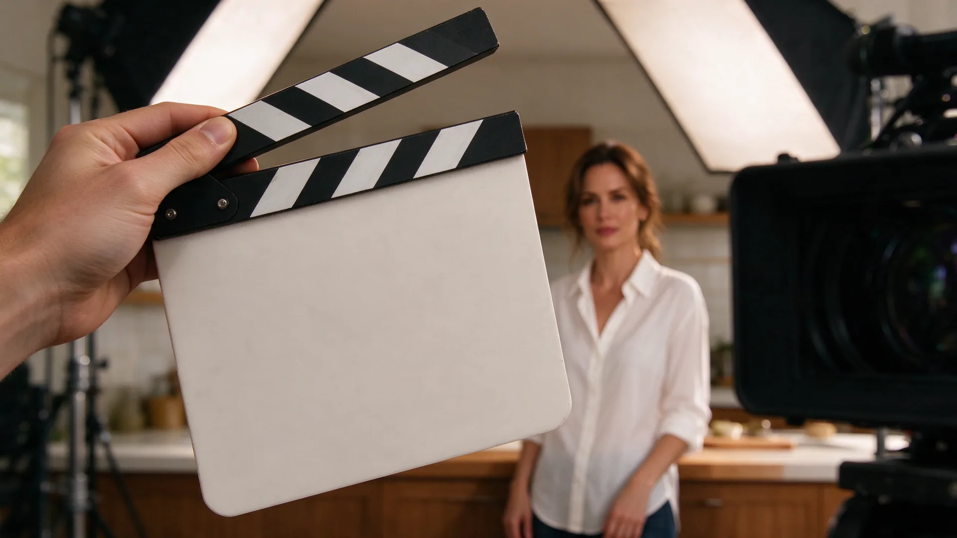 Hand houdt een lege klapper voor de cameralens met een actrice in wit overhemd onscherp op de keukenset