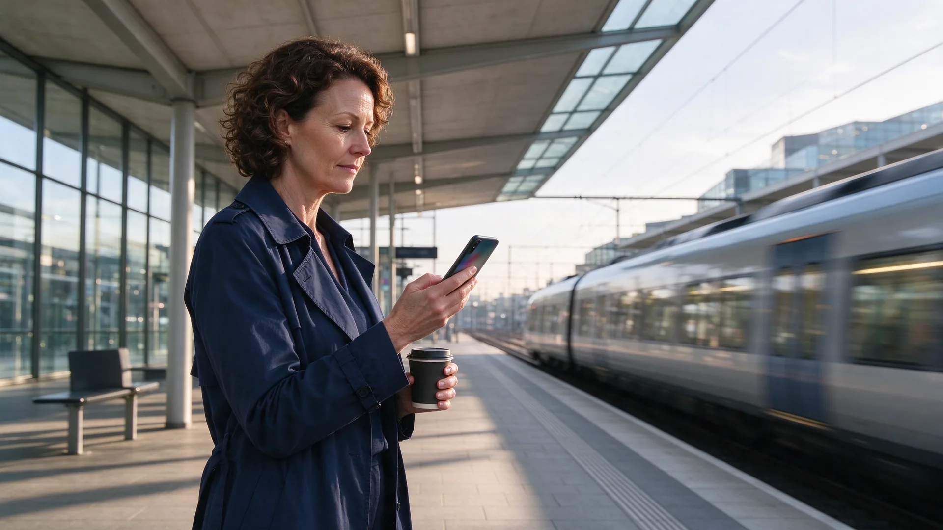 Projectmanager in trenchcoat kijkt op het perron naar een video op haar telefoon terwijl de trein aankomt