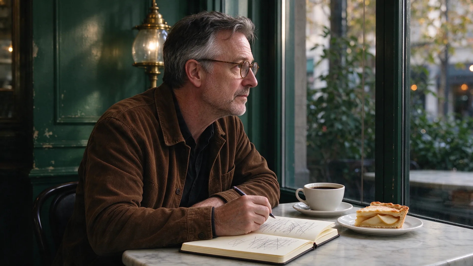 Scriptschrijver met ronde bril zit nadenkend bij het raam in een café met een notitieboek en koffie