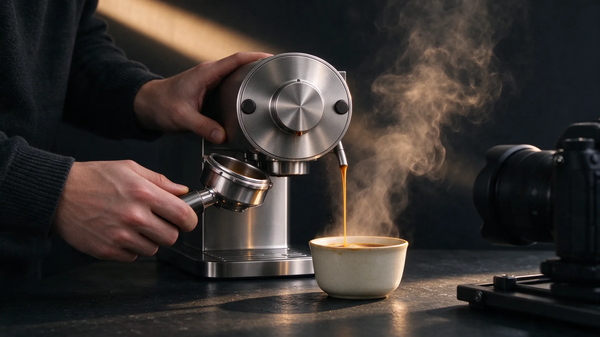 Handen bij een roestvrijstalen espressomachine terwijl koffie in een keramisch kopje stroomt in een productstudio