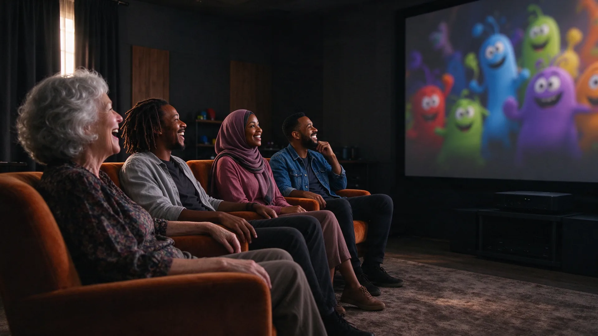 Creatief team van vier lacht samen in oranje fauteuils tijdens het bekijken van een animatiefilm in een kleine zaal