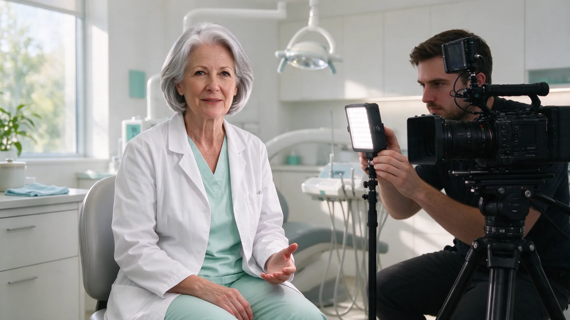 Tandarts met zilvergrijs haar geeft een interview terwijl een videograaf een lamp afstelt in een lichte praktijk