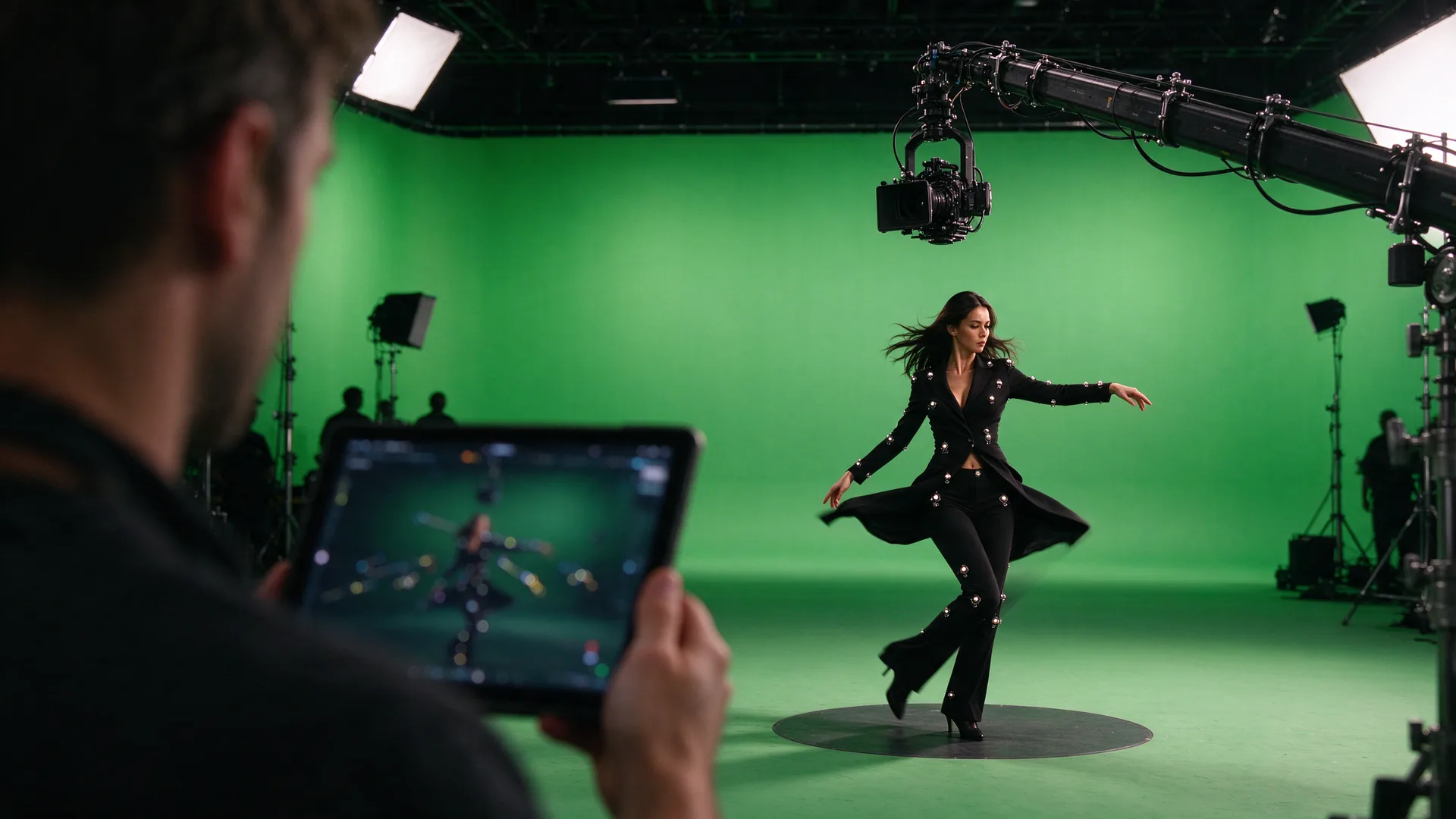Danseres met trackingmarkers draait op een greenscreenset terwijl een VFX-supervisor met tablet toekijkt