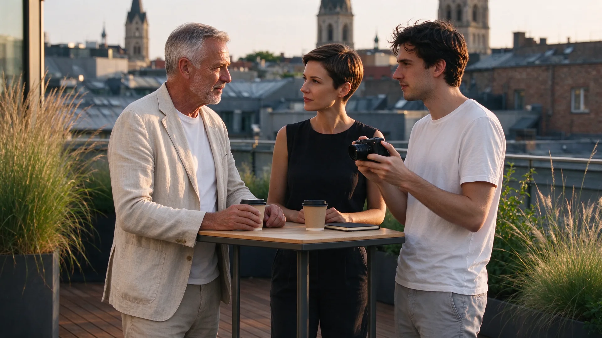 Drie mensen overleggen bij een hoge tafel op een zonnig dakterras met uitzicht over de daken van de stad