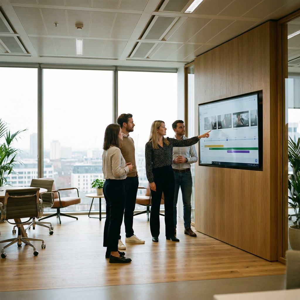 Marketingteam in modern kantoor bekijkt korte videofragmenten op een groot scherm tijdens een B2B-campagnebespreking.