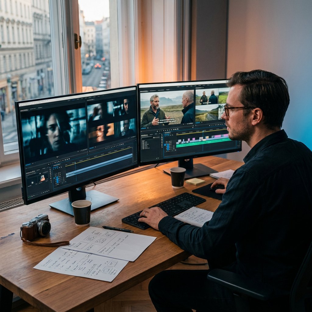 Video editor compares a short teaser cut and a longer trailer on dual monitors in a sleek Dutch studio with cinematic evening light.