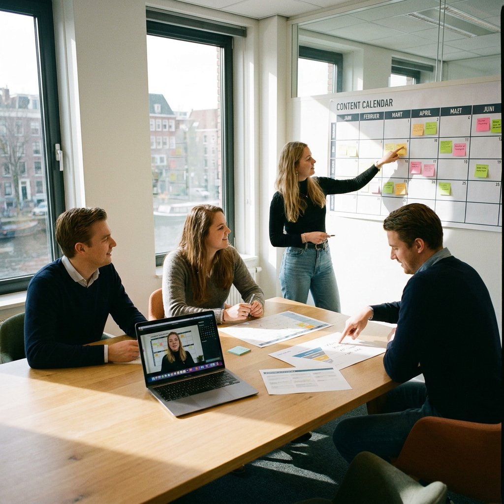 Marketingteam bespreekt een jaarlijkse videoplanning rond een vergadertafel met kwartaalnotities, laptop en contentkalender in modern Nederlands kantoor.