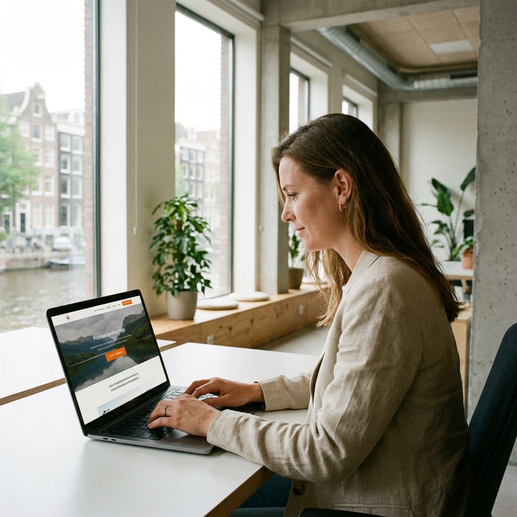 Marketingprofessional bekijkt een strakke websiteheader met autoplay video en duidelijke CTA op laptop in modern kantoor met zacht daglicht.