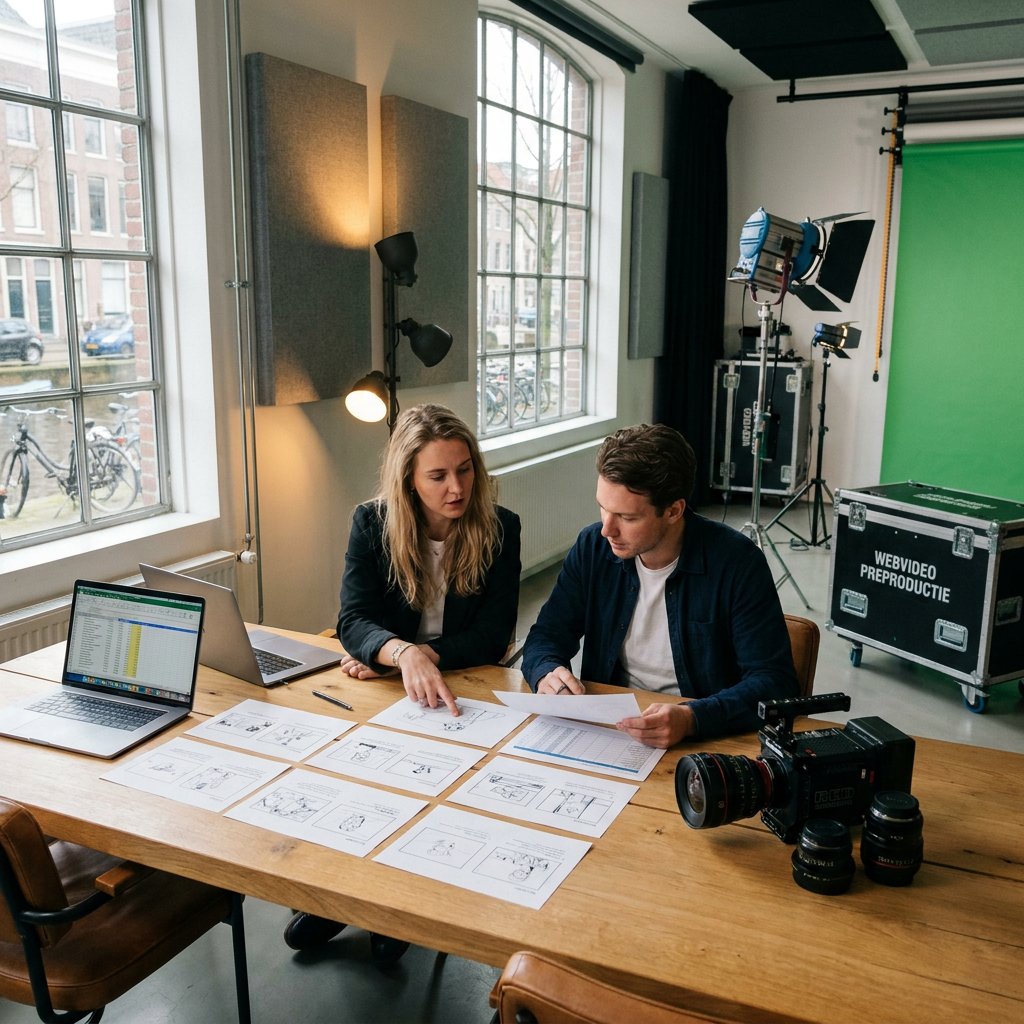 Creatief producent en marketeer bekijken videobudget en storyboard in een moderne studio, met camera, lichtset en laptop in beeld.