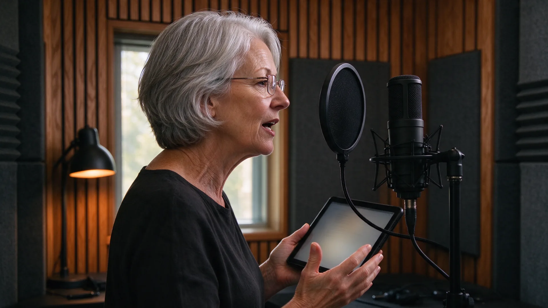 Stemactrice met leesbril spreekt in profiel een tekst in achter een studiomicrofoon met popfilter