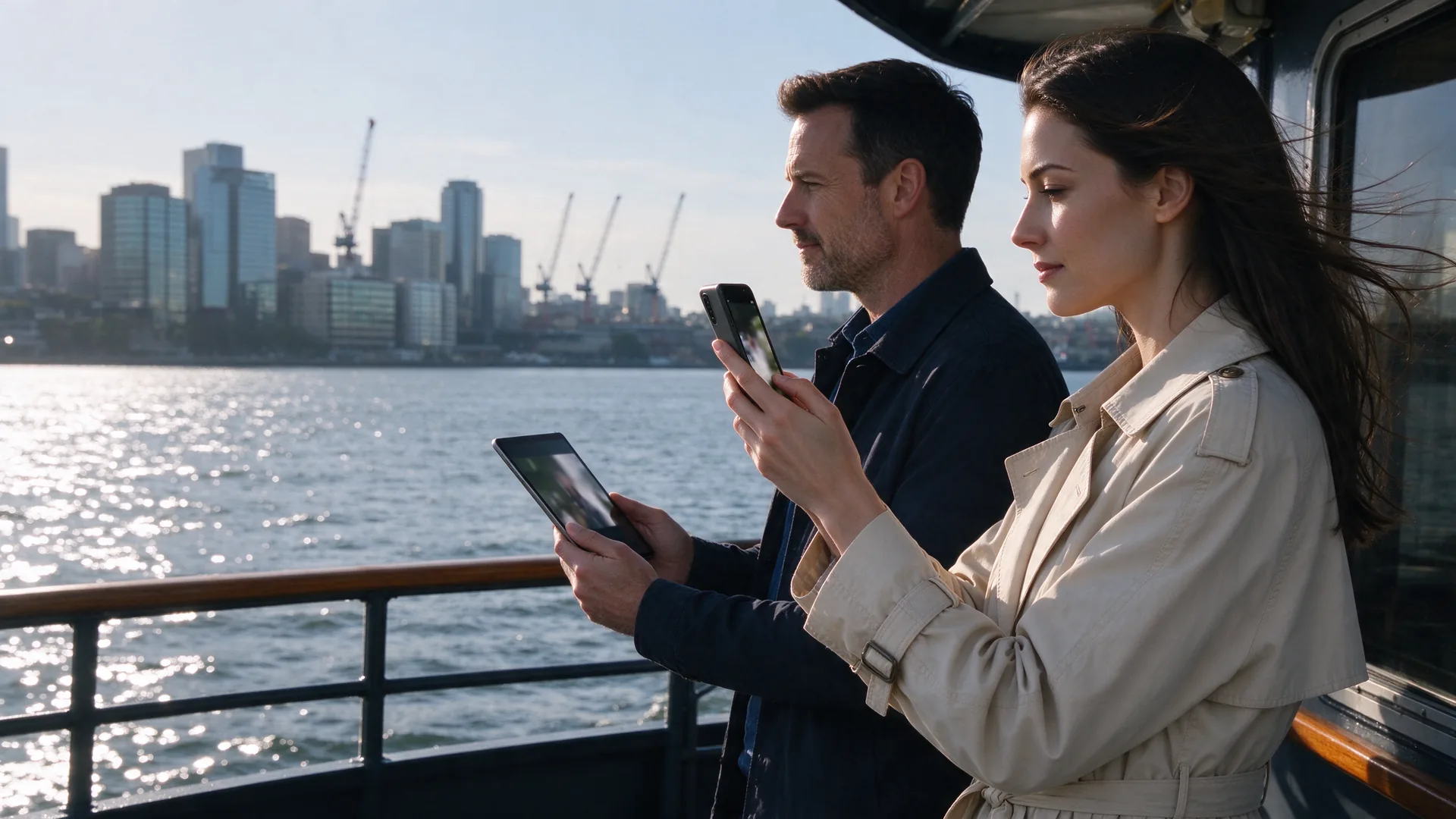 Vrouw kijkt verticaal op haar telefoon en man horizontaal op een tablet op het dek van een veerpont