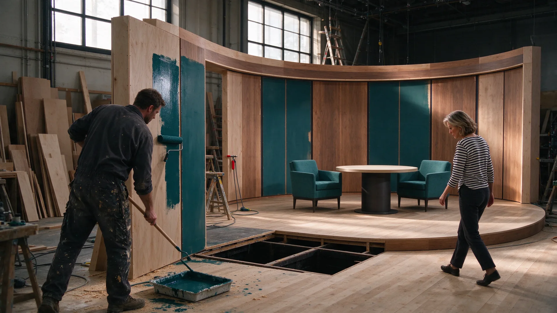 Decorbouwer schildert een gebogen paneel petrolblauw terwijl een creatief directeur rond een talkshowdecor loopt