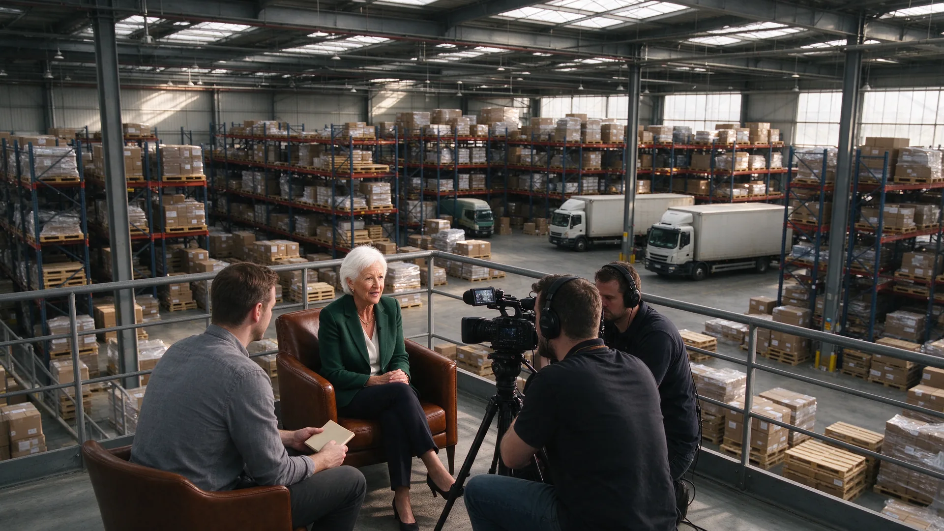 Directeur met kort wit haar in een leren fauteuil wordt geïnterviewd op een set in een logistieke hal