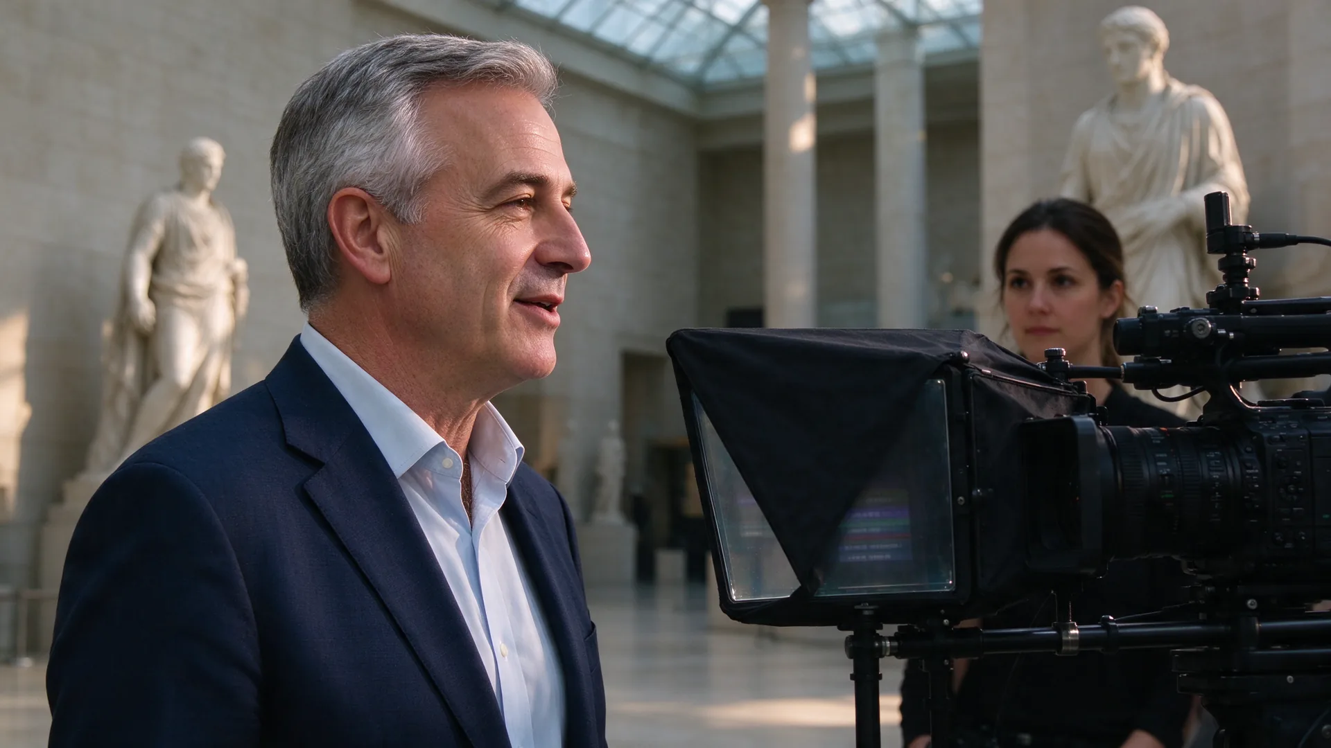 Directeur spreekt in een stille museumzaal tegen een camera met teleprompter, met beelden op de achtergrond