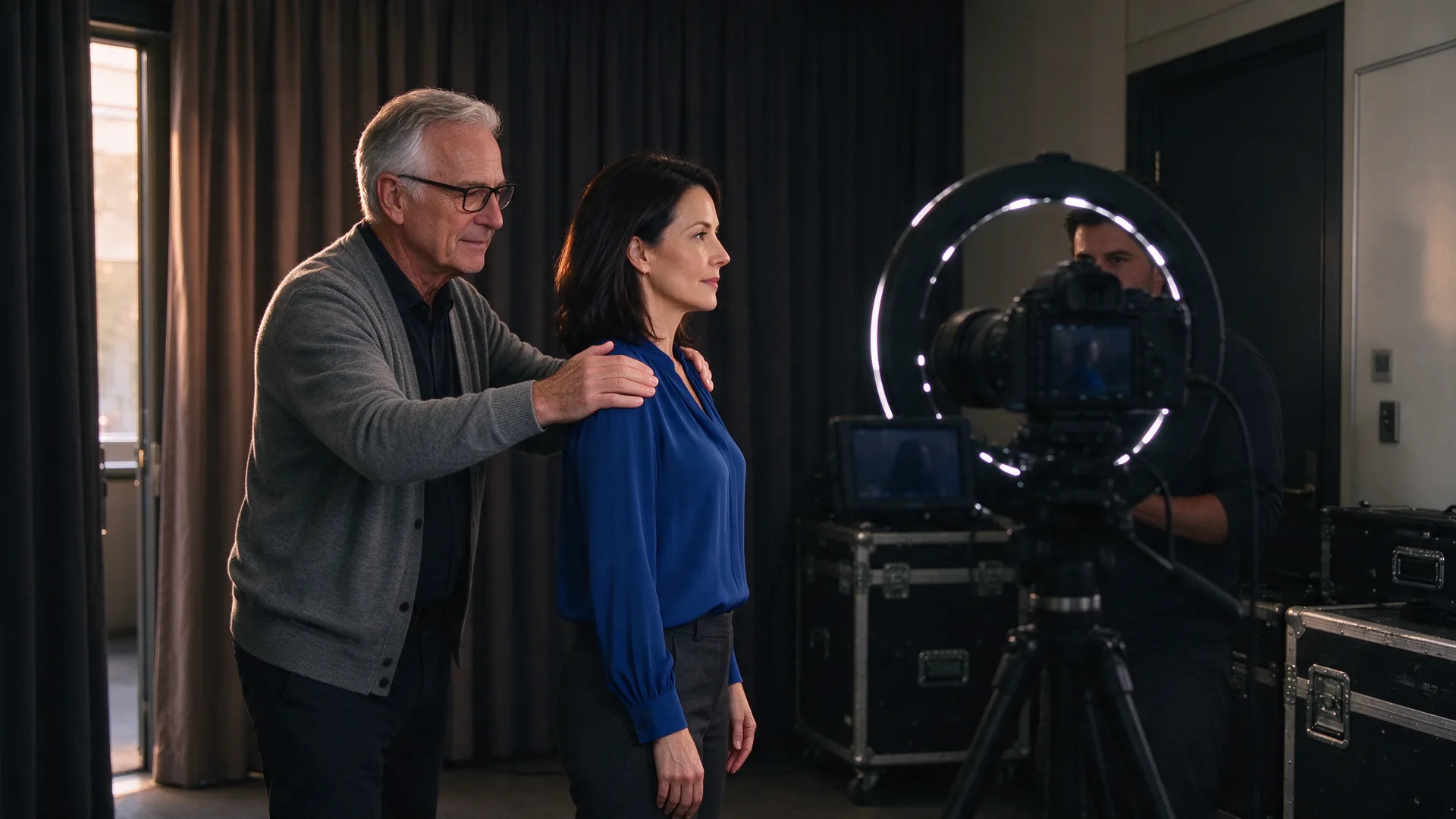 Spreekcoach corrigeert de schouders van een spreker die tegenover een camera met ringlamp staat