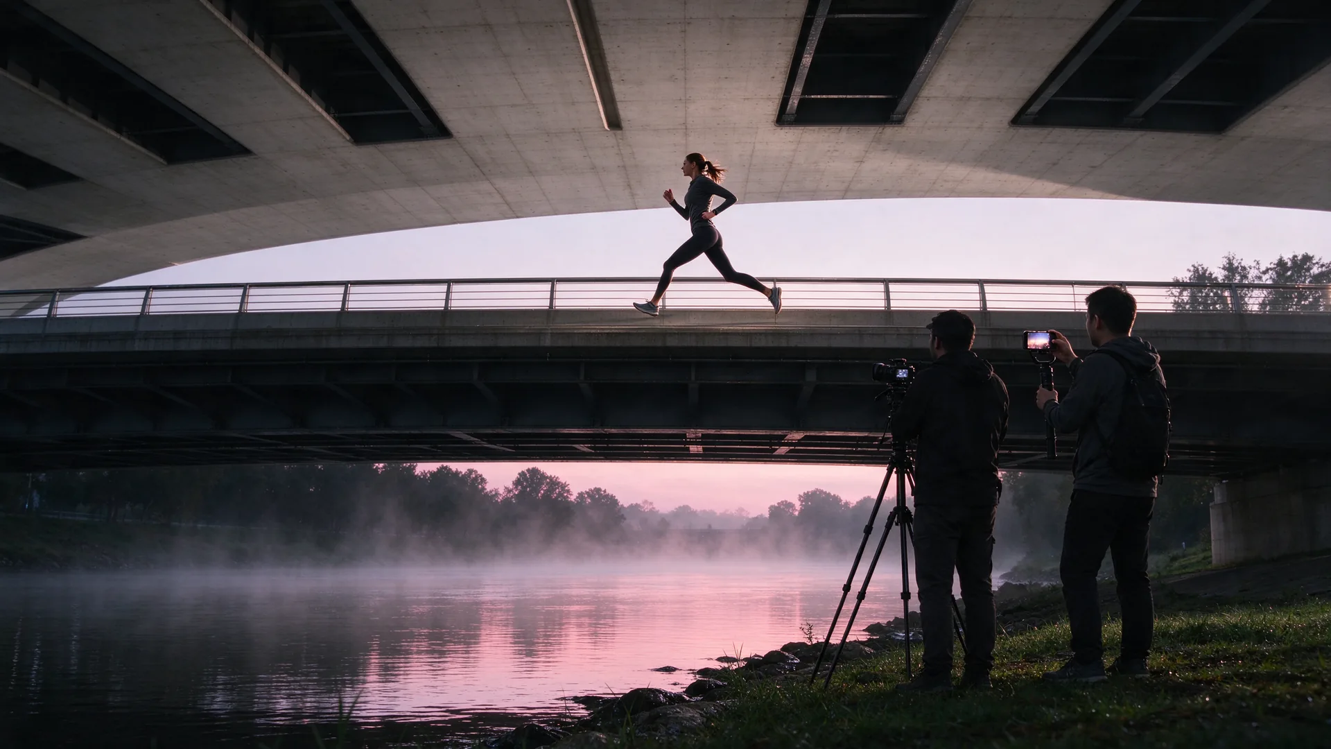 Hardloopster sprint over een voetgangersbrug terwijl twee cameramensen haar breed en verticaal filmen