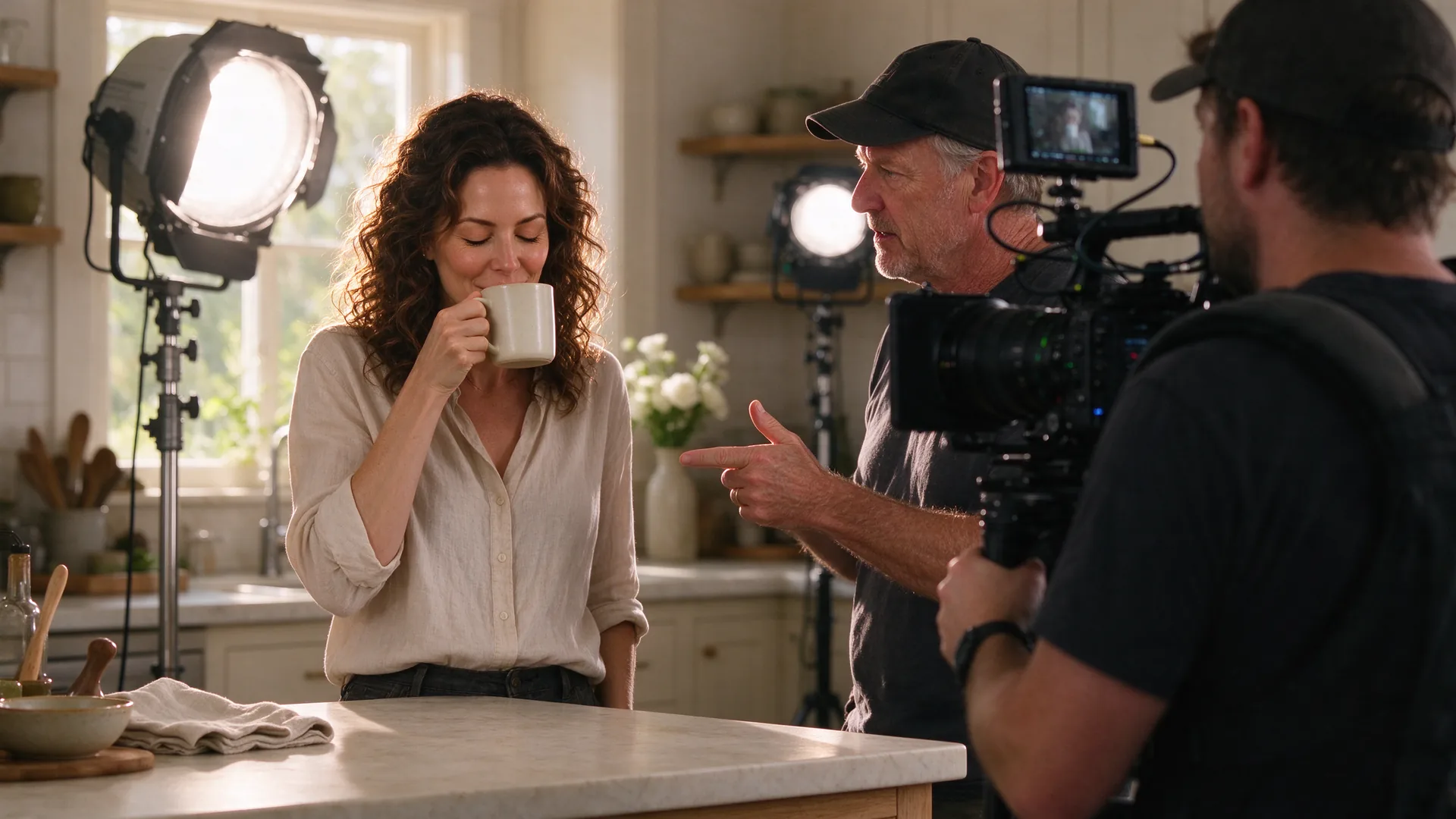 Actrice speelt aan een keukenset steeds een andere eerste slok koffie terwijl de regisseur aanwijzingen geeft